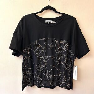 Calvin Klein black knit short sleeve floral print top size XL